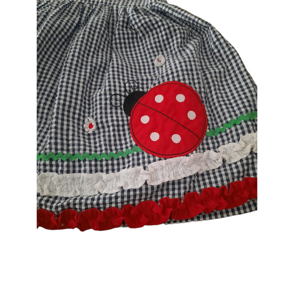 Rare Too 2T girls ladybug blue and white check gingham spaghetti straps dress - Picture 3 of 7